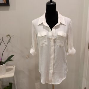 White Button Down 3/4 Sleeve Notched Collar Top Size L